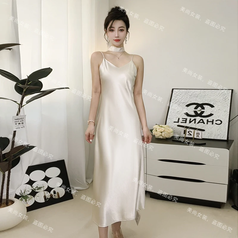 【送飘带】2025夏季法式醋酸缎面鱼尾裙连衣裙女士收腰显瘦吊带长裙