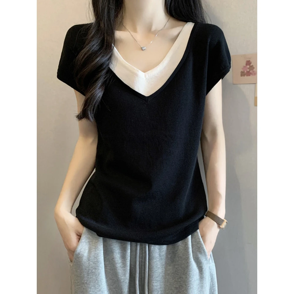 大码女装遮肚子假两件正肩T恤打底衫女夏季胖mm显瘦短袖上衣时尚