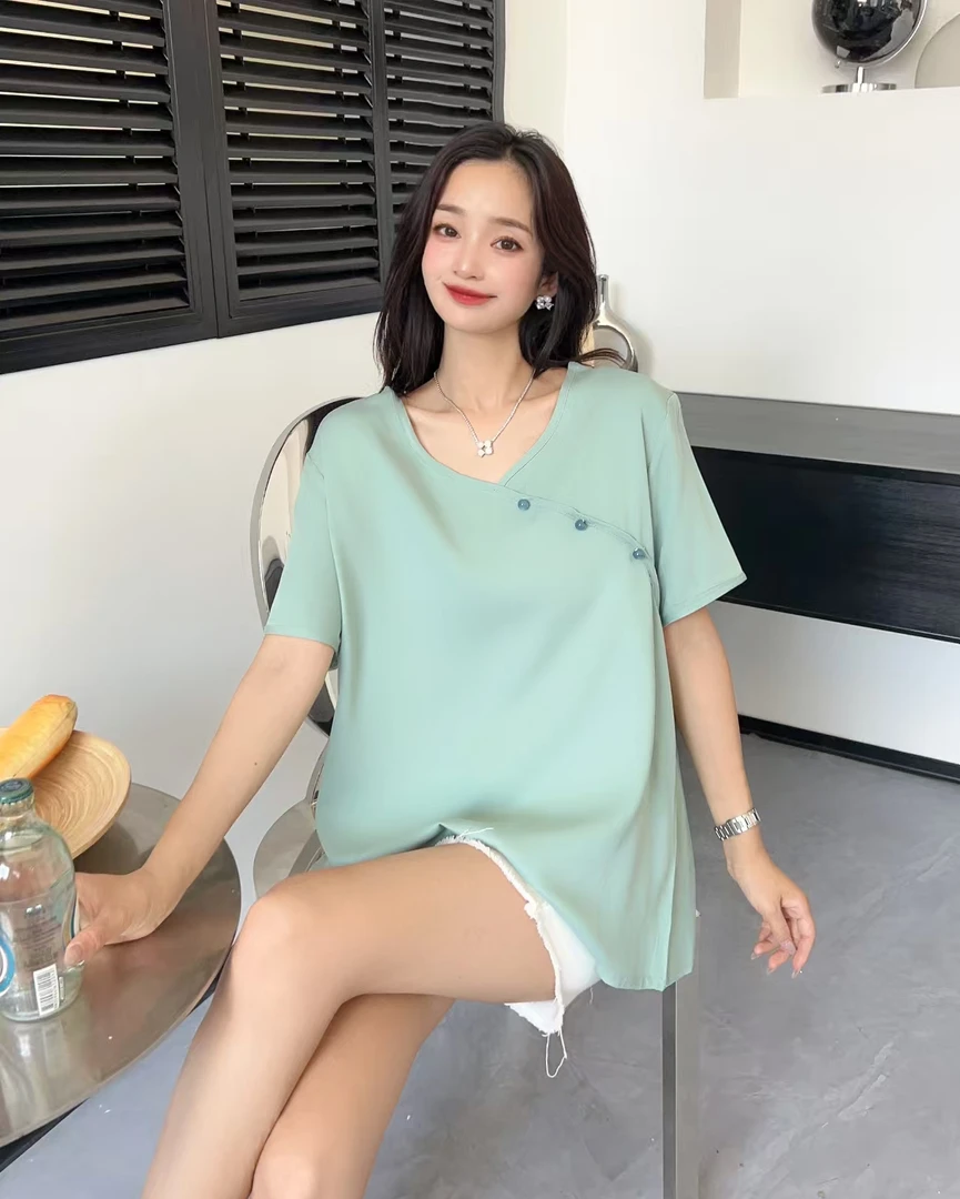 格姐家~夏款小扣净版简约棉绸短袖A38
