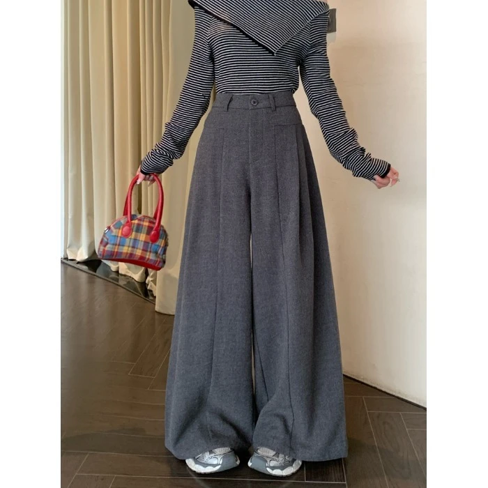 灰色毛呢休闲裤女秋季新款高腰宽松显瘦直筒裤垂感阔腿拖地长裤子