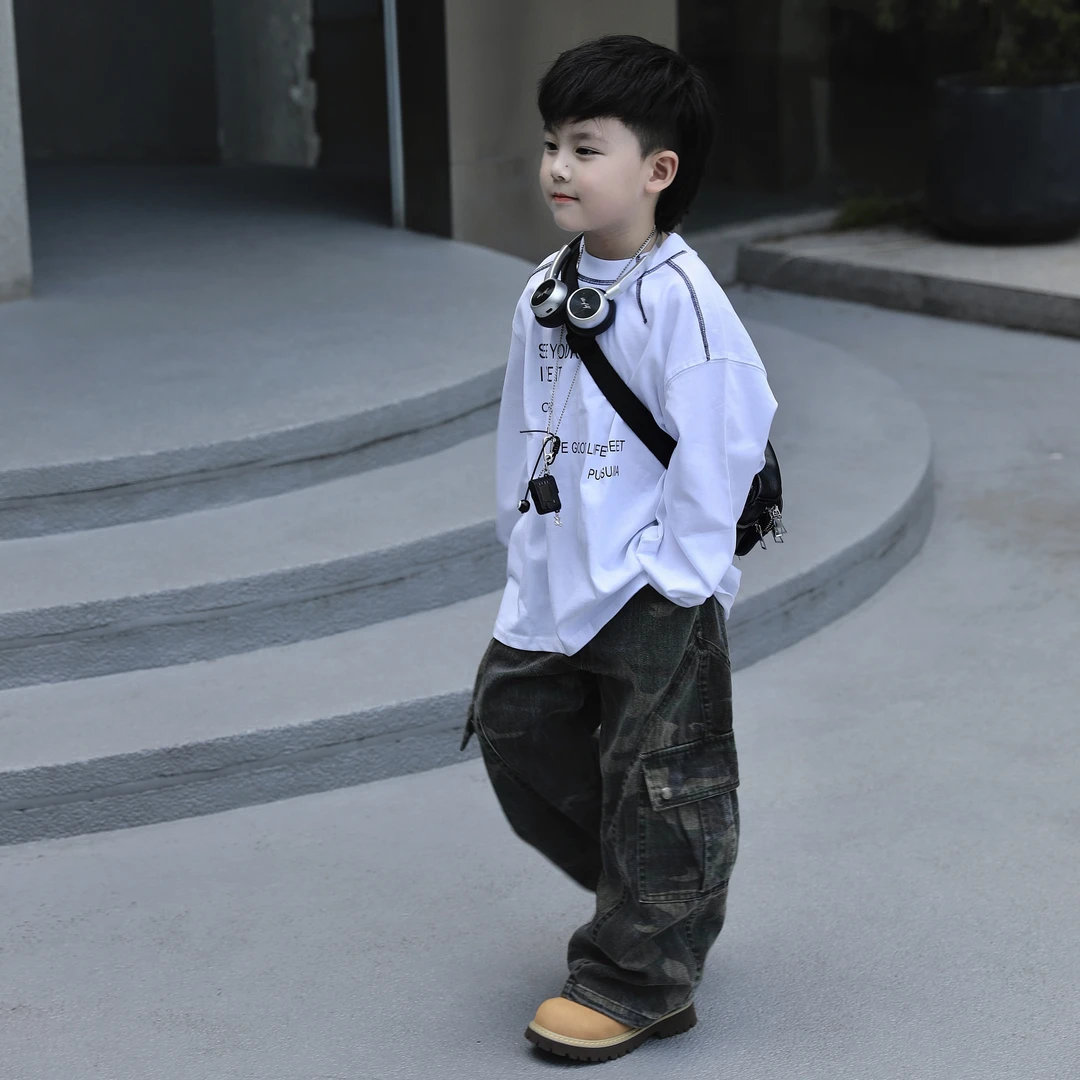 Jimmy妈童装【百搭T恤】秋季新款儿童英文印花领口车线白色打底衫