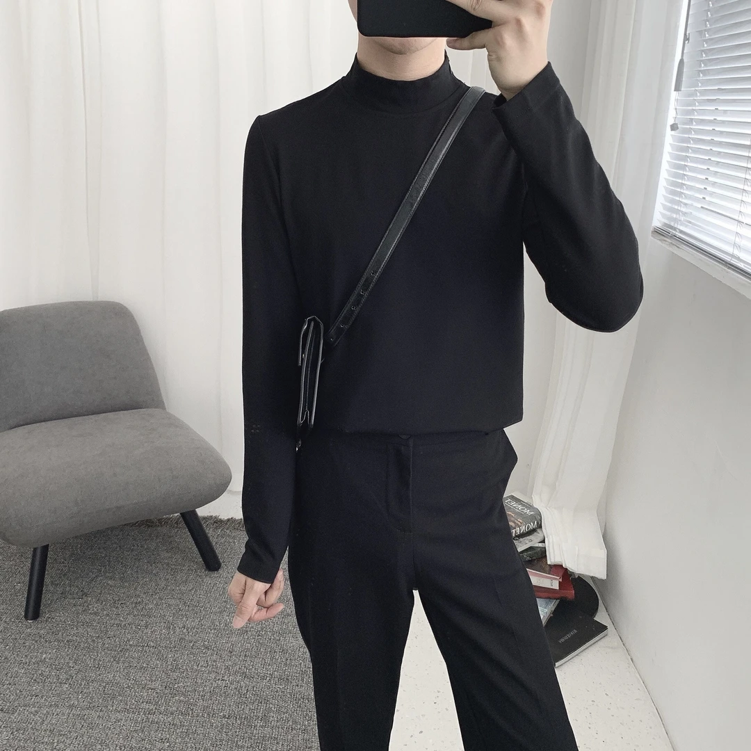 阿茶与阿古秋季半高领黑色长袖T恤男韩版基础款休闲打底衫上衣