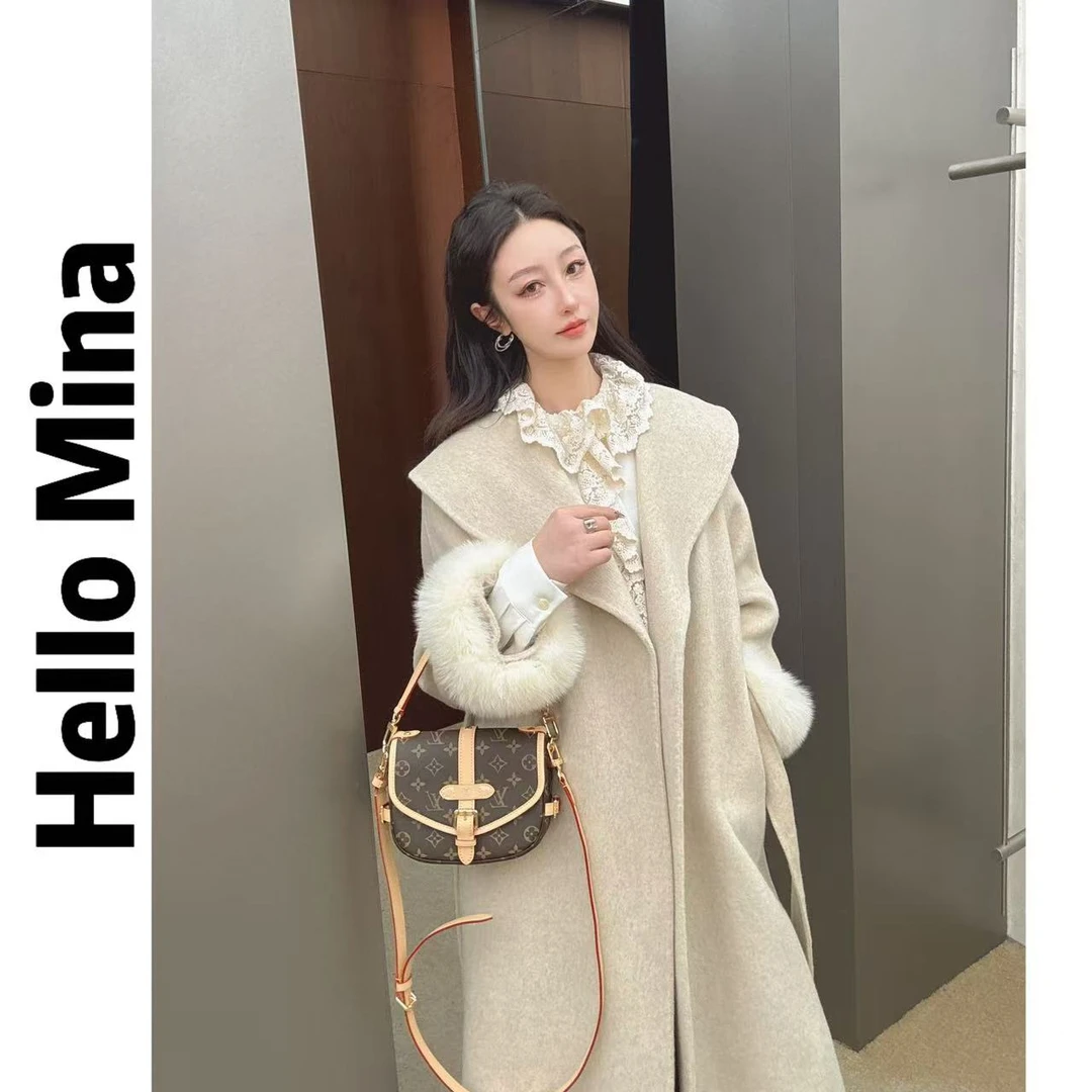 2024新款手工缝制大翻领双面羊毛大衣女气质系带外套3022