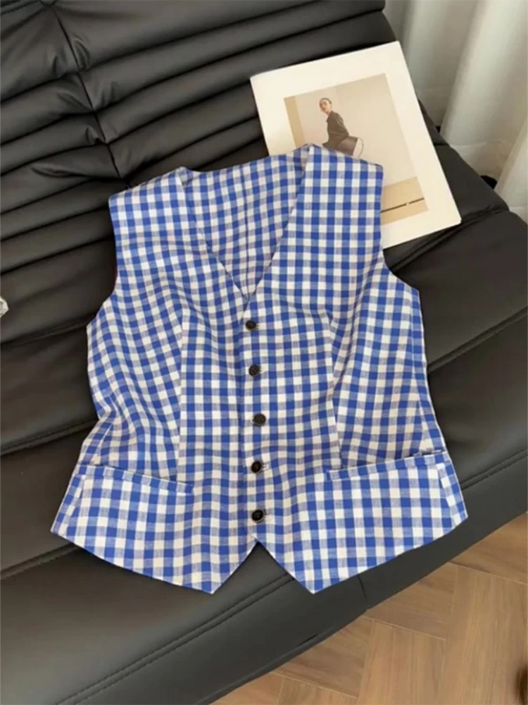 韩系复古格子V领无袖背心马甲女夏季漂亮小衫设计感百搭短款上衣