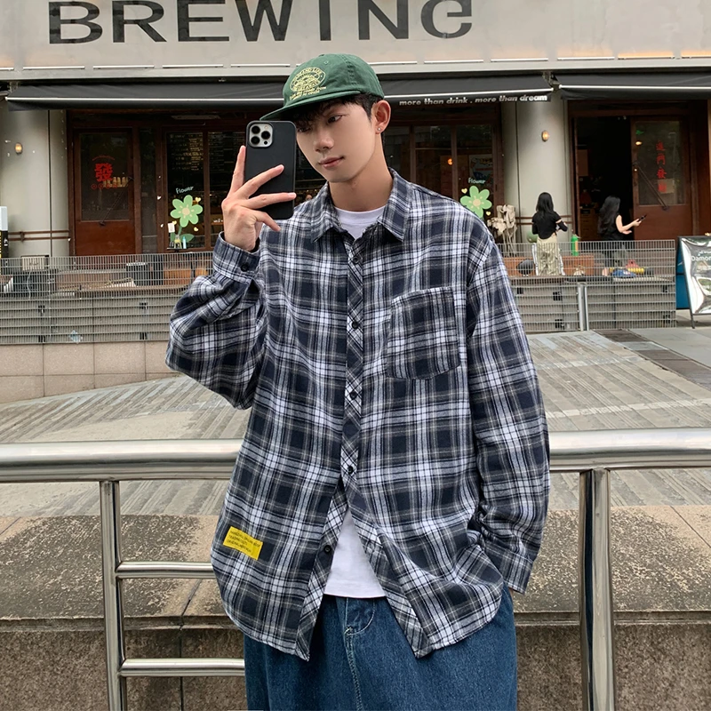 美式复古格子衬衫男款春秋季痞帅高级感长袖衬衣潮流百搭宽松上衣