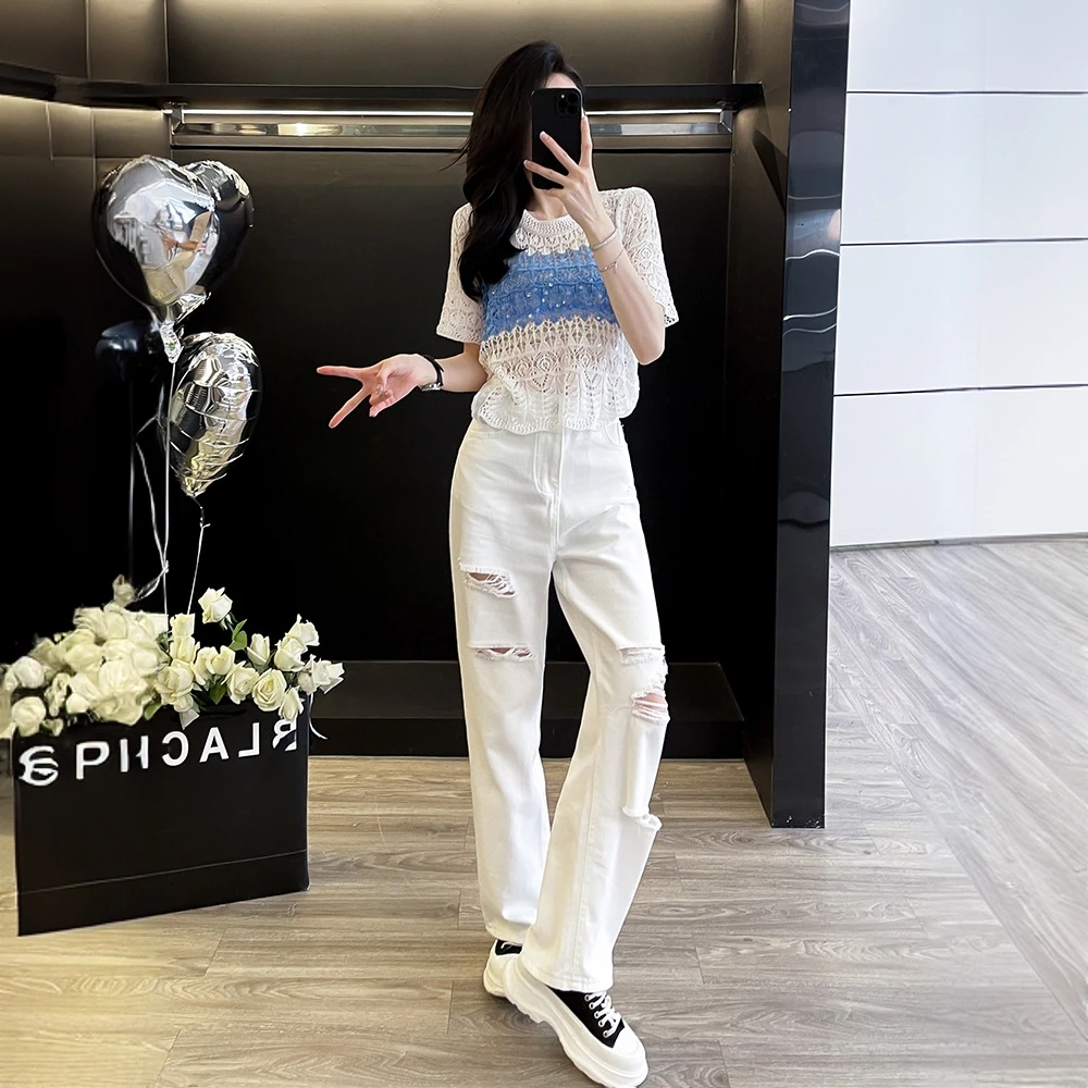 欧货重工烫钻镂空针织衫女夏季2025白色破洞牛仔裤轻薄阔腿两件套