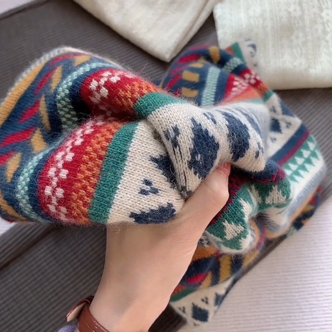 2025年秋冬流行时尚爆款穿搭ins风费尔岛慵懒风复古提花针织上衣