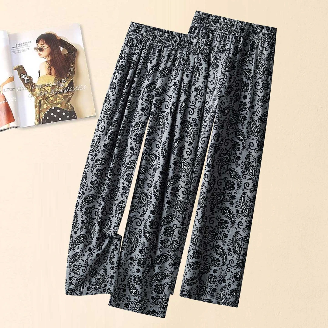 冰丝国风印花阔腿裤女夏季薄款2025新款松紧高腰坠垂感直筒休闲裤