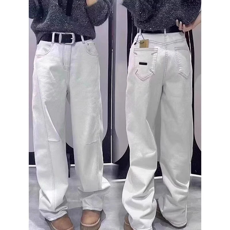 欧货牛仔裤女2025早春新款老钱灰白色流行弯刀裤直筒宽松显瘦