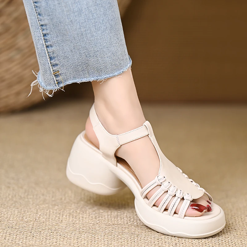 6.5厘米粗跟凉鞋女百搭小个子高跟鞋夏季休闲编织真皮厚底罗马鞋