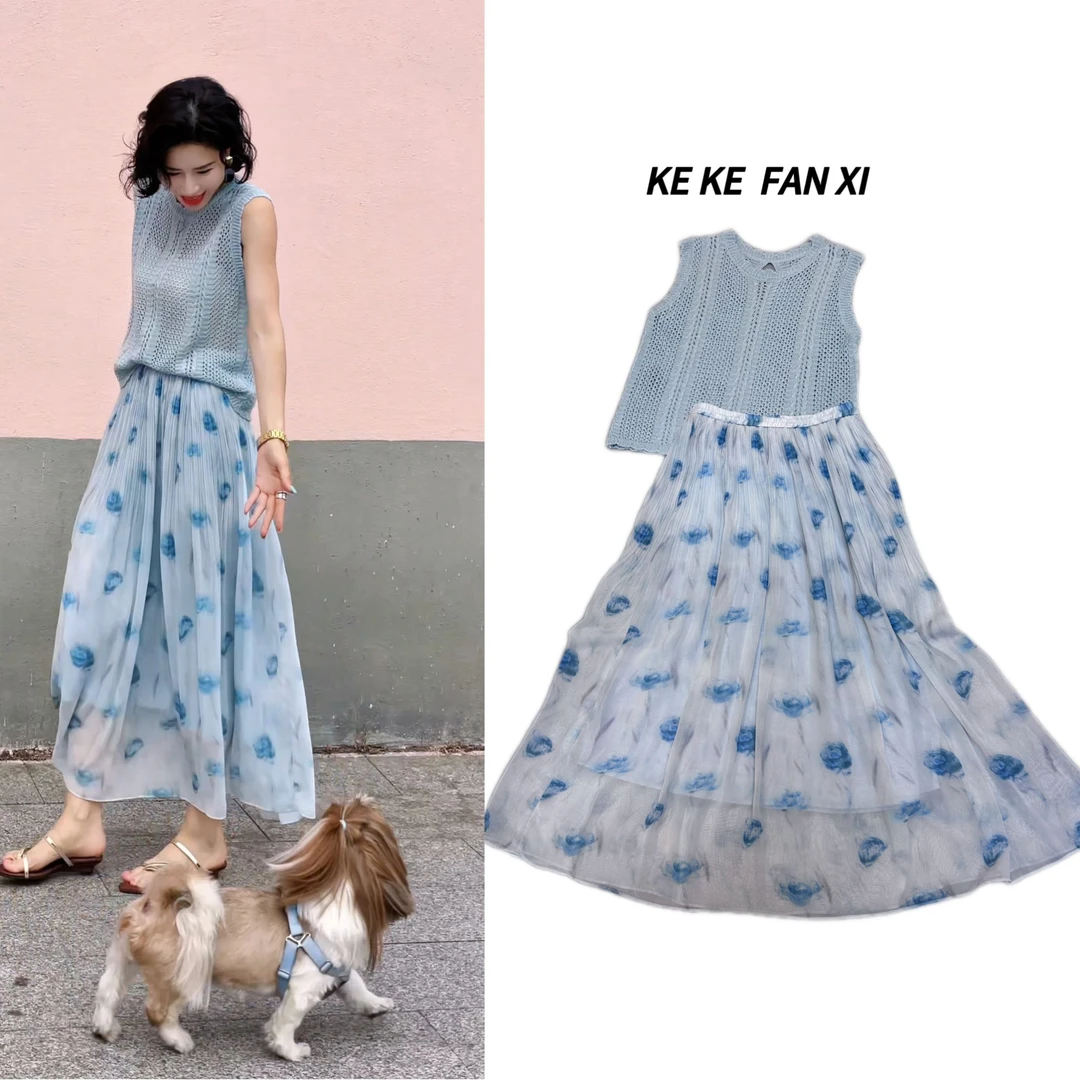 8689背心T+半身裙套装显瘦洋气气质时尚夏季宽松百褶