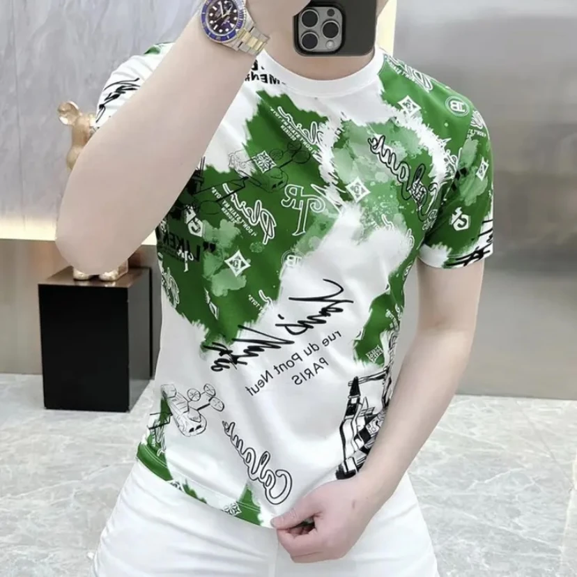 男装2025年帅气潮牌夏季轻奢印花短袖T恤男时尚修身百搭圆领休闲
