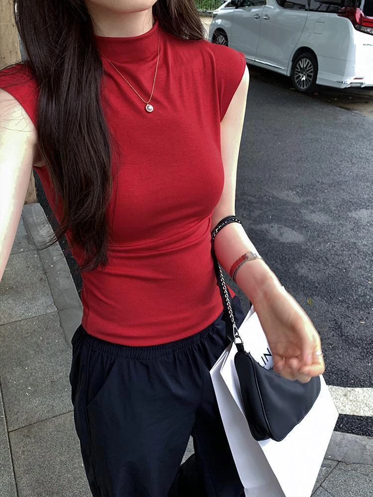 韩系美式高街复古甜辣坎肩无袖T恤女夏季新款修身掐腰设计感上衣