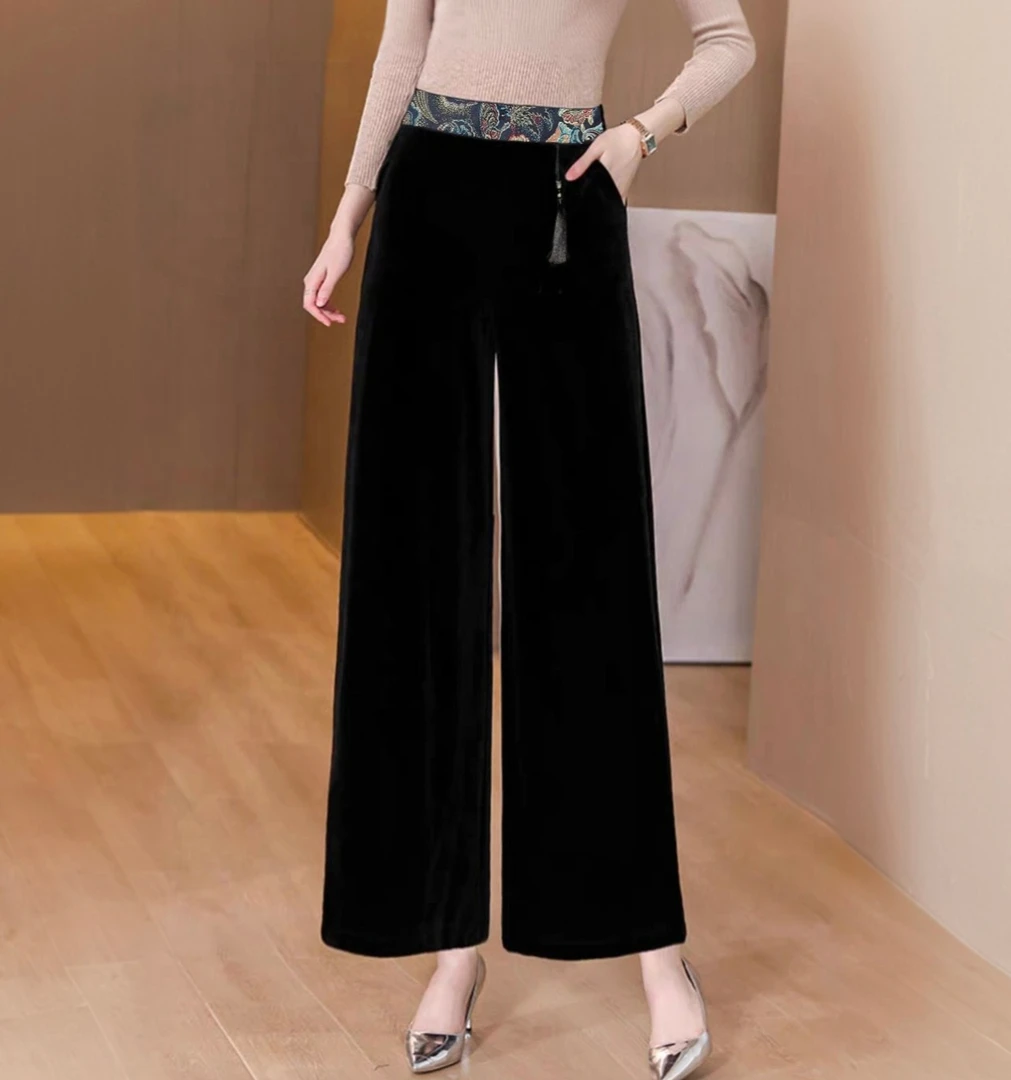 新中式丝绒流苏休闲高腰显瘦直筒裤2025秋季新品阔腿裤子