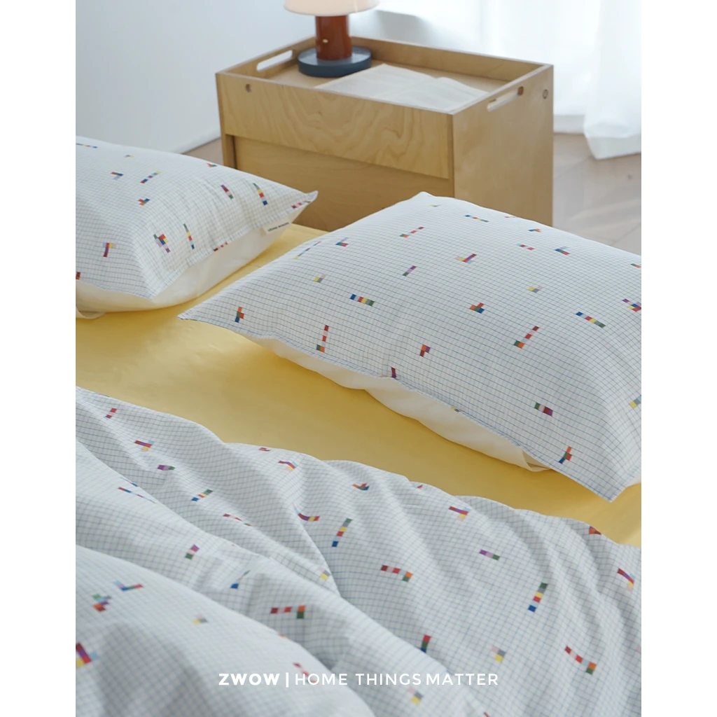 造卧zwow2025春夏新款全棉印花彩格子俄罗斯方块少女风儿童四件套