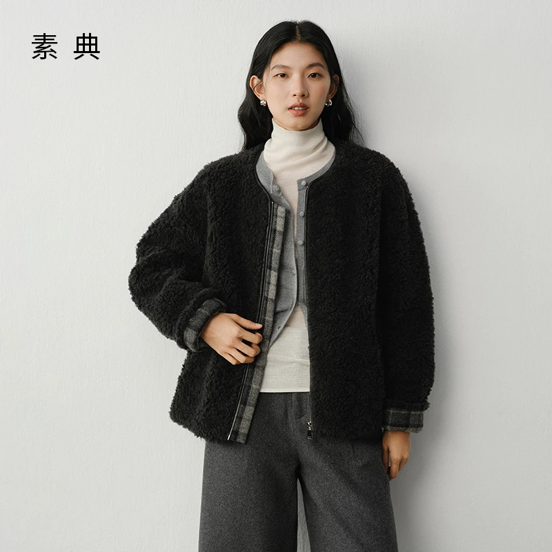 素典【暖绒黑巧】100绵羊毛高质感圆领拼接皮草毛绒外套5421