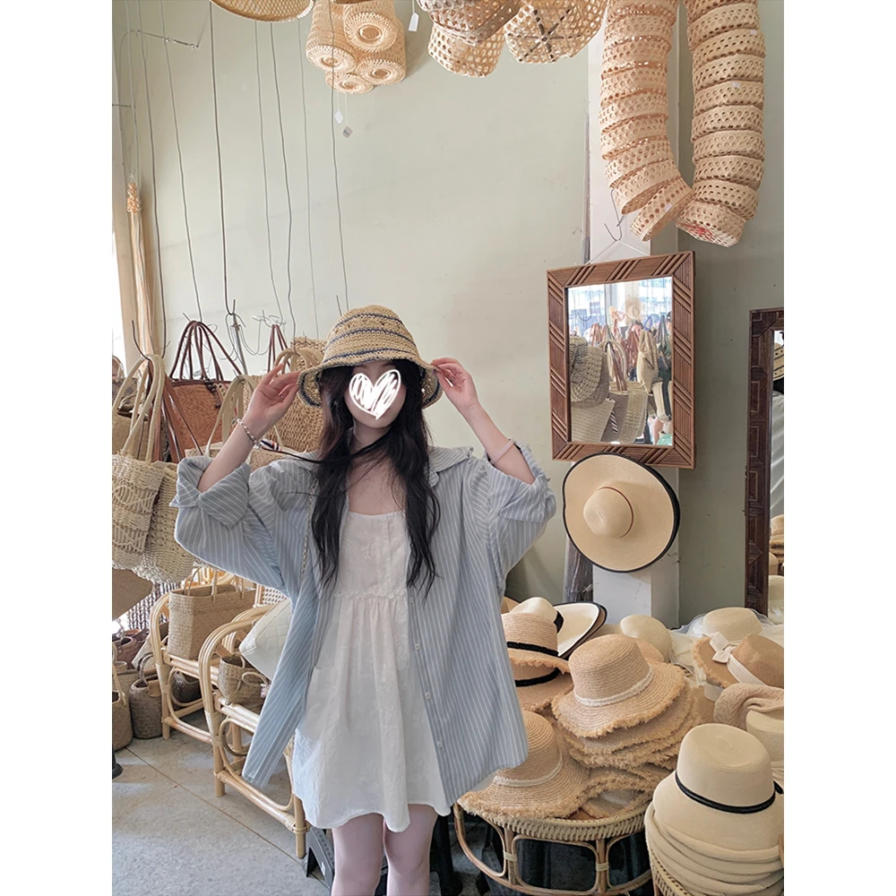 韩系套装白色吊带连衣裙长袖宽松条纹衬衫外套慵懒风两件套20886