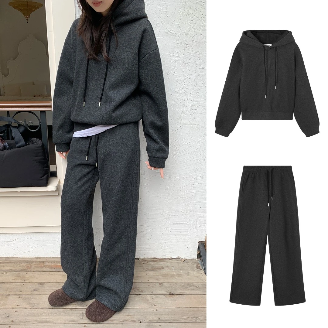 Manman #1426自制重磅高克软糯两件套装连帽加绒卫衣+直筒裤子