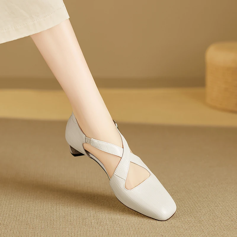 3cm~玛丽珍包头凉鞋女夏时尚小众方头法式中空单鞋交叉绑带芭蕾鞋