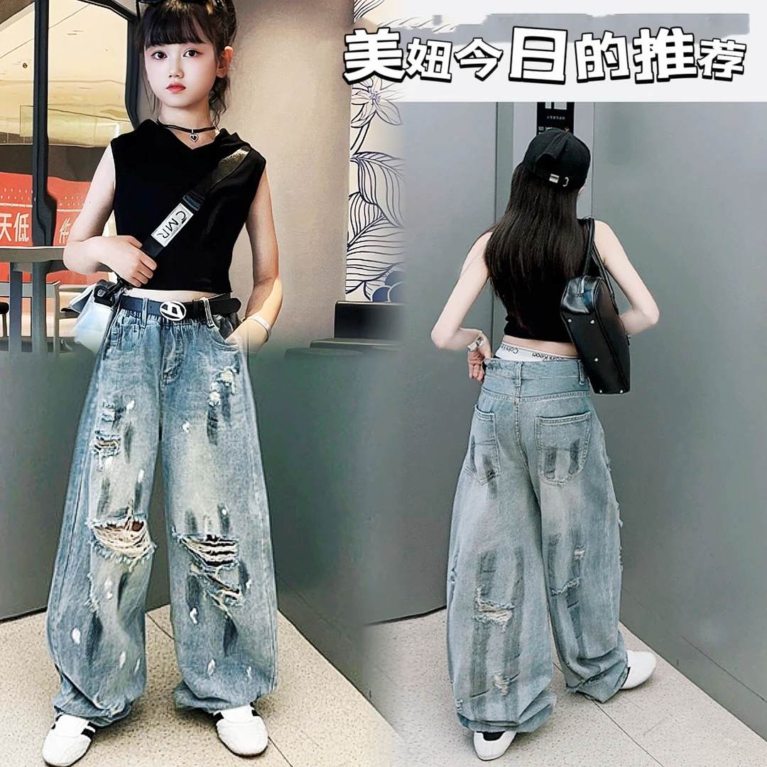 女童裤子2025新款中大童夏季薄款短袖泼墨牛仔裤美式复古设计套装