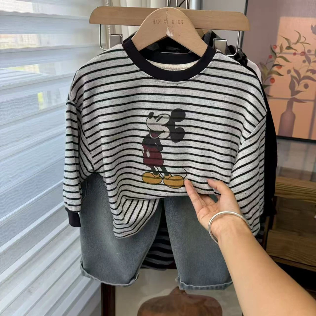 自留bi入~韩版男女宝2025秋季儿童圆领T恤卡通印花条纹打底衫潮