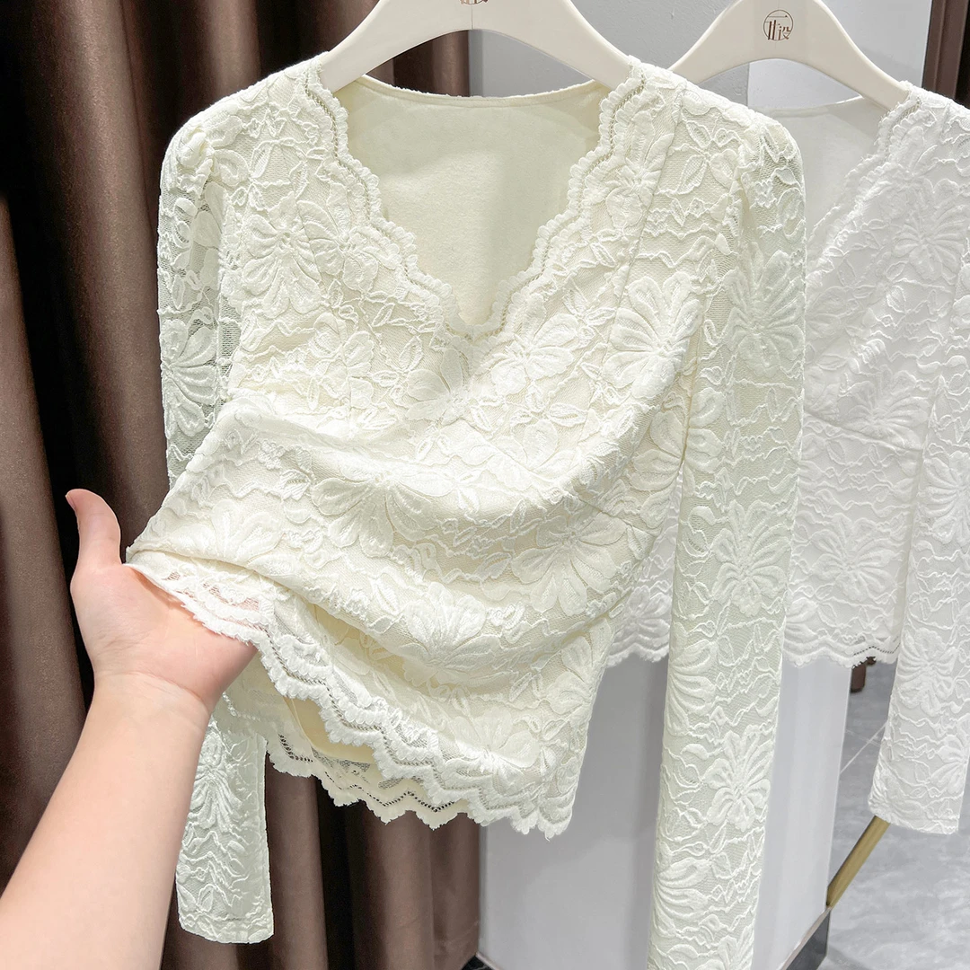 秋季修身短款V领长袖蕾丝内搭打底女款爆款2025新款百搭显瘦上衣