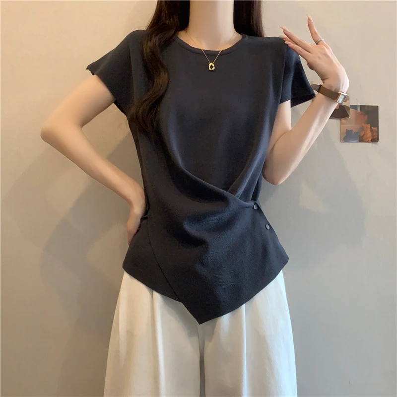 卡莲格/大码女装T恤不规则收腰显瘦圆领设计感上衣夏季韩系风短袖