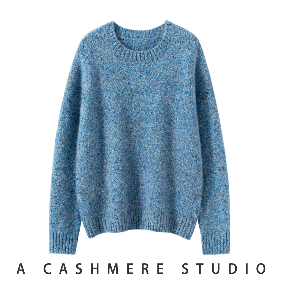 纯山羊绒加厚七彩纱圆领秋冬季毛衣打底咖色版针织衫百搭羊绒衫