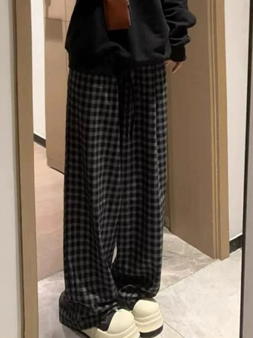 美式慵懒复古垂感格子阔腿裤女春秋冬2025新款垂感宽松休闲拖地裤