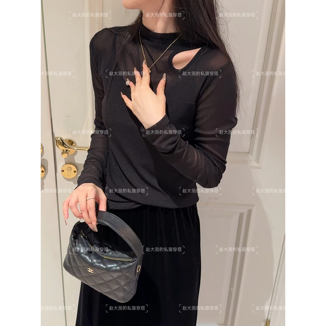 老赵服饰 百搭修身蕾丝网纱拼接露肩内搭上衣 21AU4092