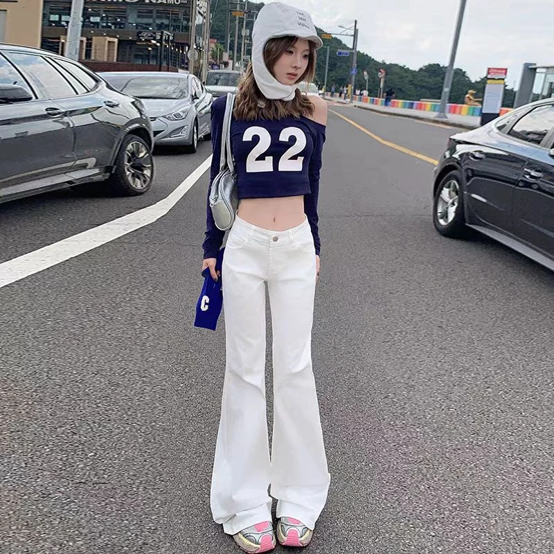白色微喇牛仔女春季新品2025新款美式高腰弹力显瘦高喇叭裤