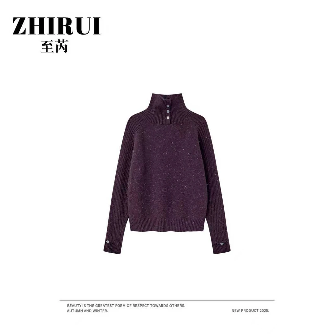 【ZJ】新款韩系设计感亮丝立领套头针织衫秋冬时尚百搭上衣2115