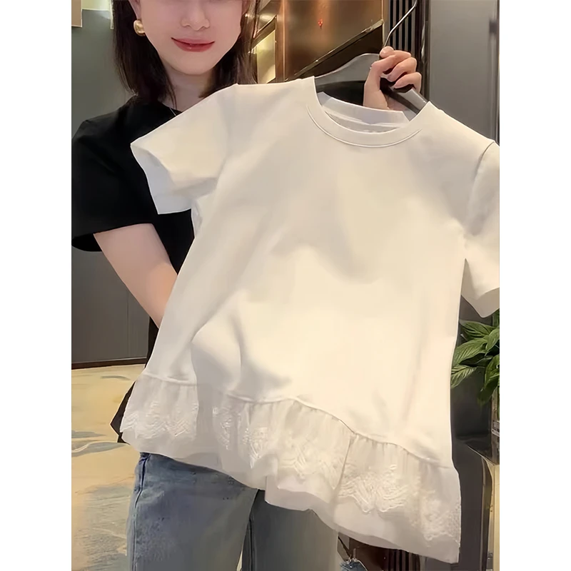 网红气质下摆拼接蕾丝短袖t恤衫2025夏季新款修身显瘦设计感上衣