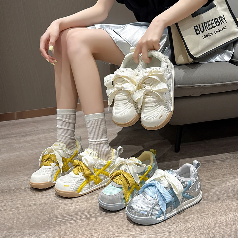 休闲德训鞋女2025夏季新款真皮网面百搭时尚软底阿甘鞋透气运动鞋