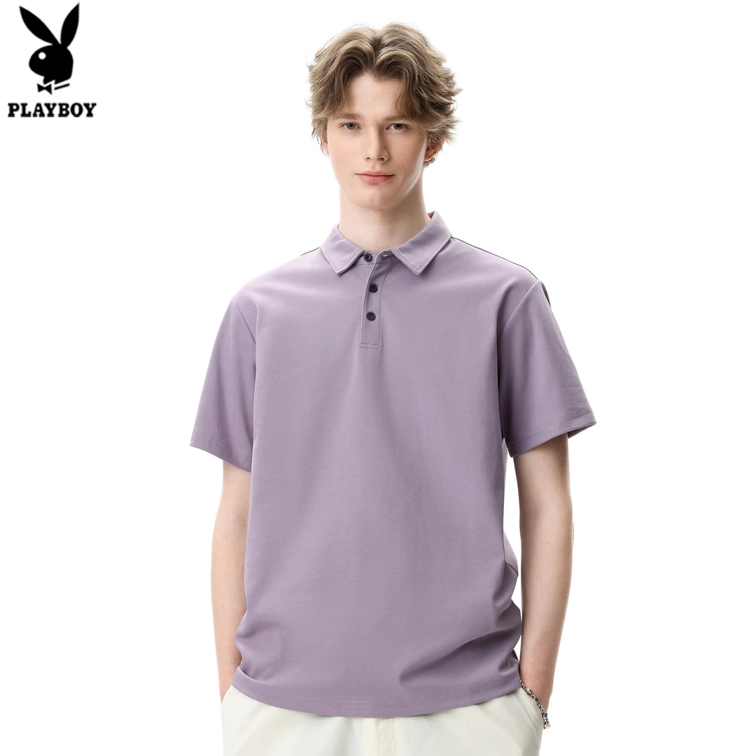 花花公子紫色短袖polo衫男士夏季新款宽松休闲翻领T恤半袖上衣潮