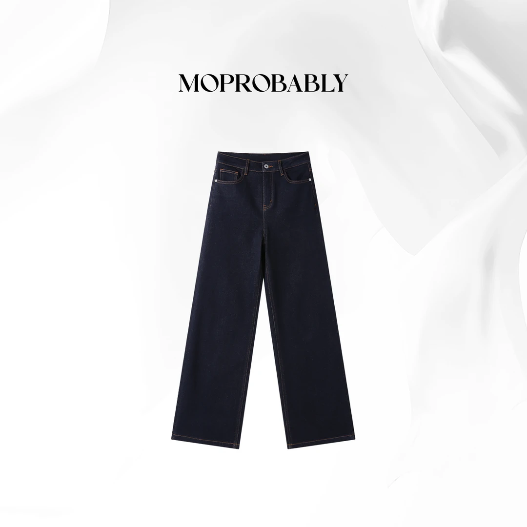 Moprobably贝贝 「棕边蓝牛」 中高腰高街复古修身牛仔裤B5473066