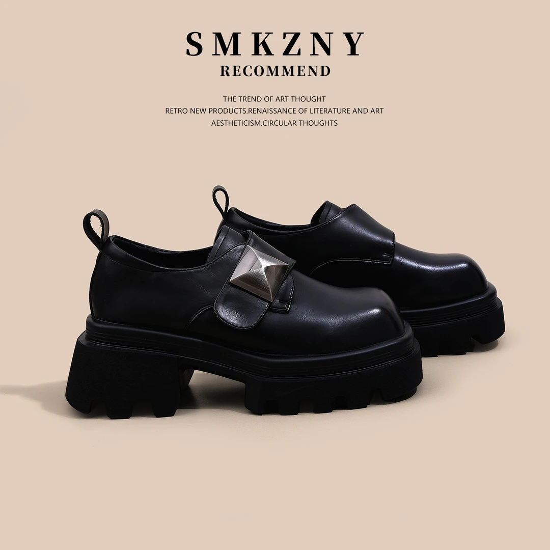 黑色厚底乐福鞋女款2025新款秋季百搭女式时尚英伦风小皮鞋93-1