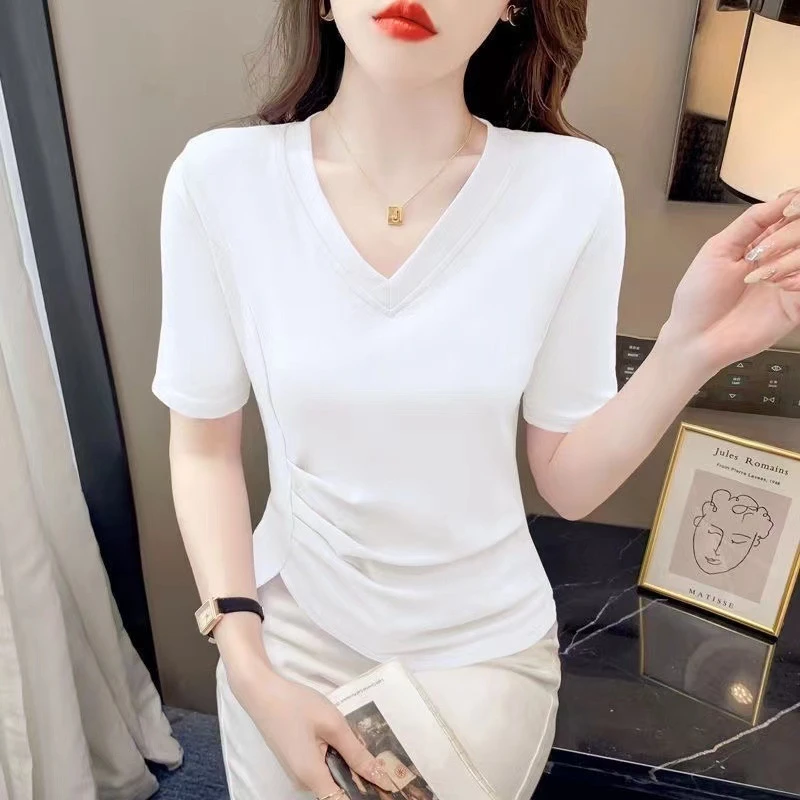 2025大码夏装女士V领t恤短袖纯色不规则洋气修身显瘦褶皱体恤上衣
