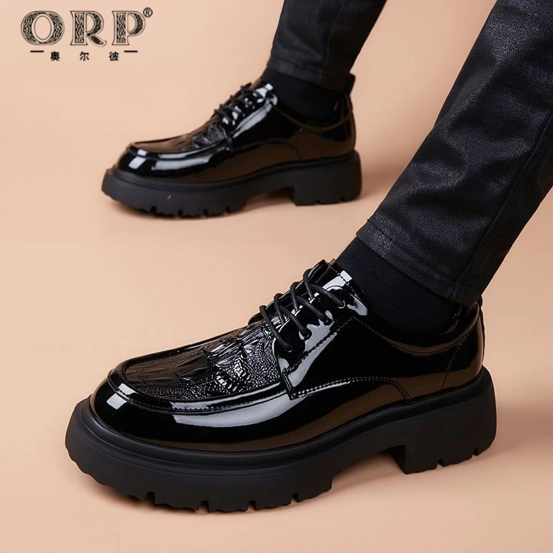 皮鞋男款春季新款黑色正装厚底增高男士德比鞋鳄鱼纹英伦大头男鞋
