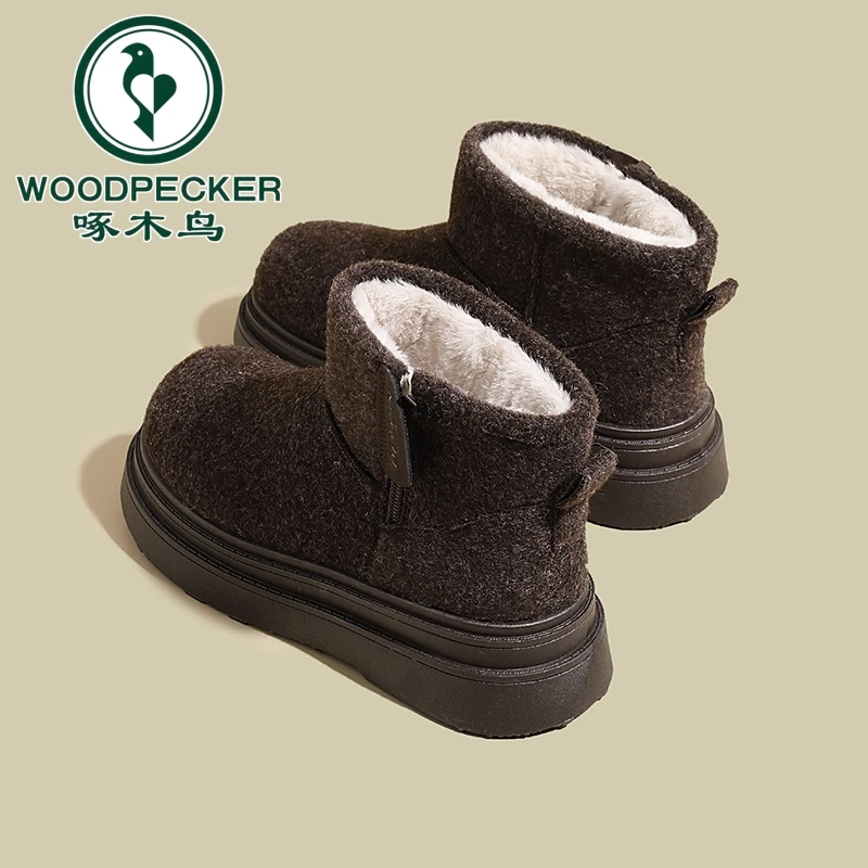啄木鸟厚底毛呢面料雪地靴女2025年冬季加绒加厚保暖棉鞋休闲短靴