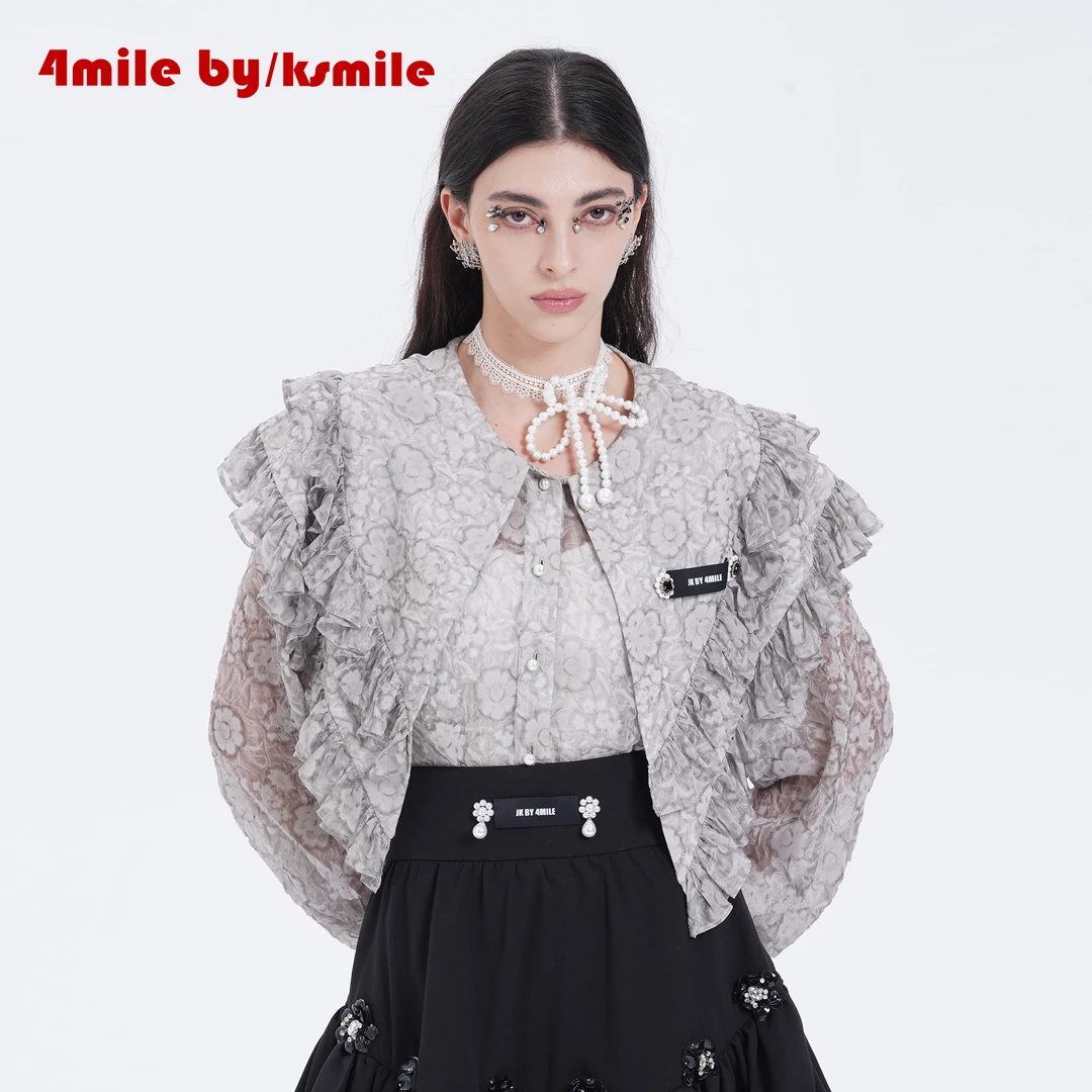 JK BY 4MILE | 格雷庄园珠珠蕾丝颈链立体压花透气特调灰雪纺衬衫