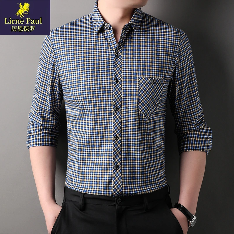 厉恩保罗男士春秋季新款长袖衬衫时尚商务休闲百搭条纹格子上衣爆