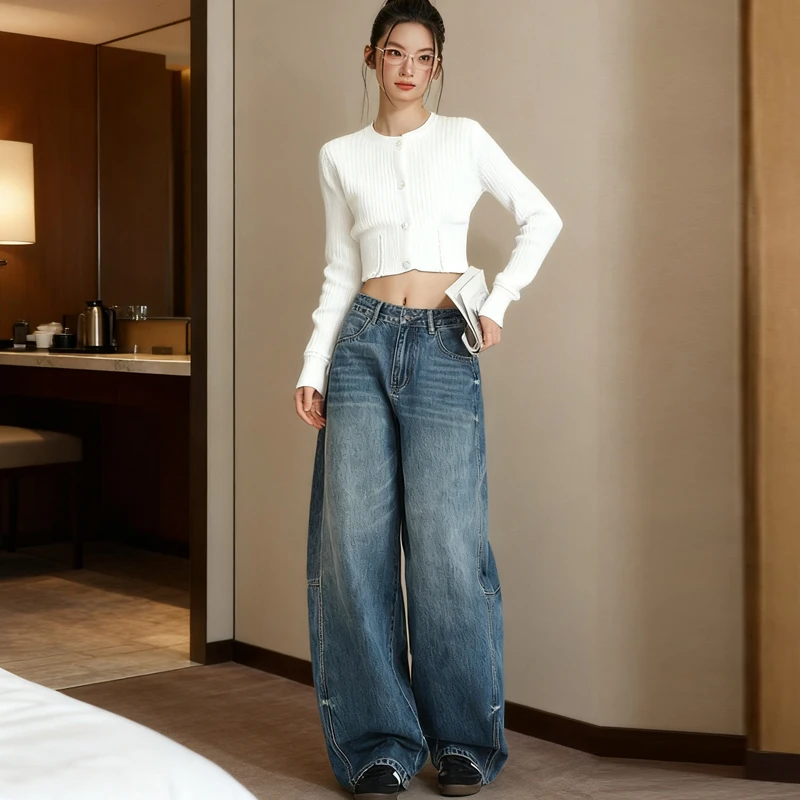 秋冬新款气质小个子女款阔腿裤直筒拖地裤显瘦刺绣弯刀裤牛仔裤子