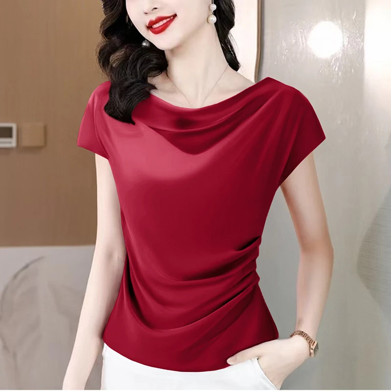 法式荡领缎面短袖t恤女2025春夏新款高档丝滑垂感收腰百搭上衣女