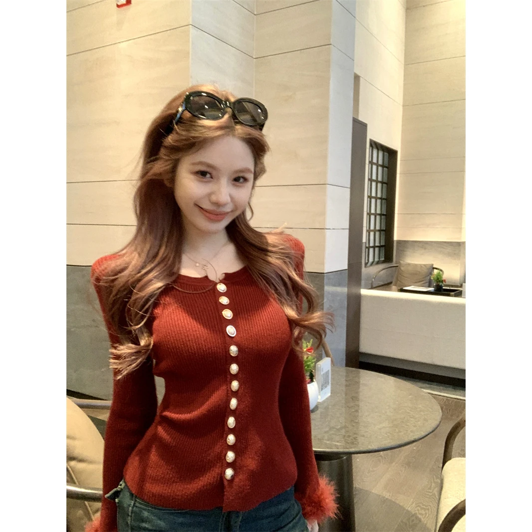 小香风气质毛毛拼接长袖针织衫女早秋季修身毛衣显瘦内搭打底上