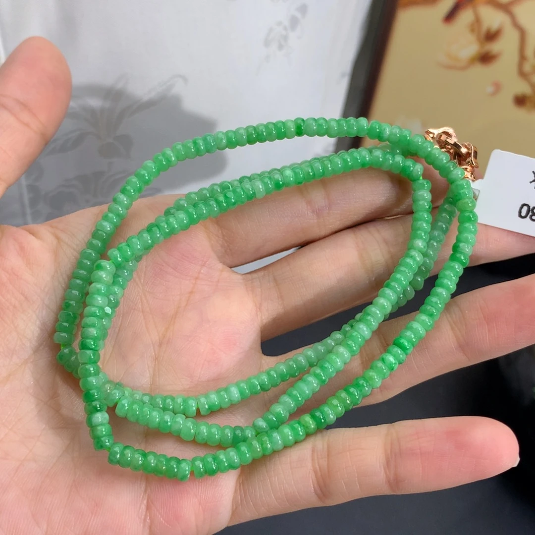 翡翠未镶嵌手串卡3.9细润果绿算盘项链
