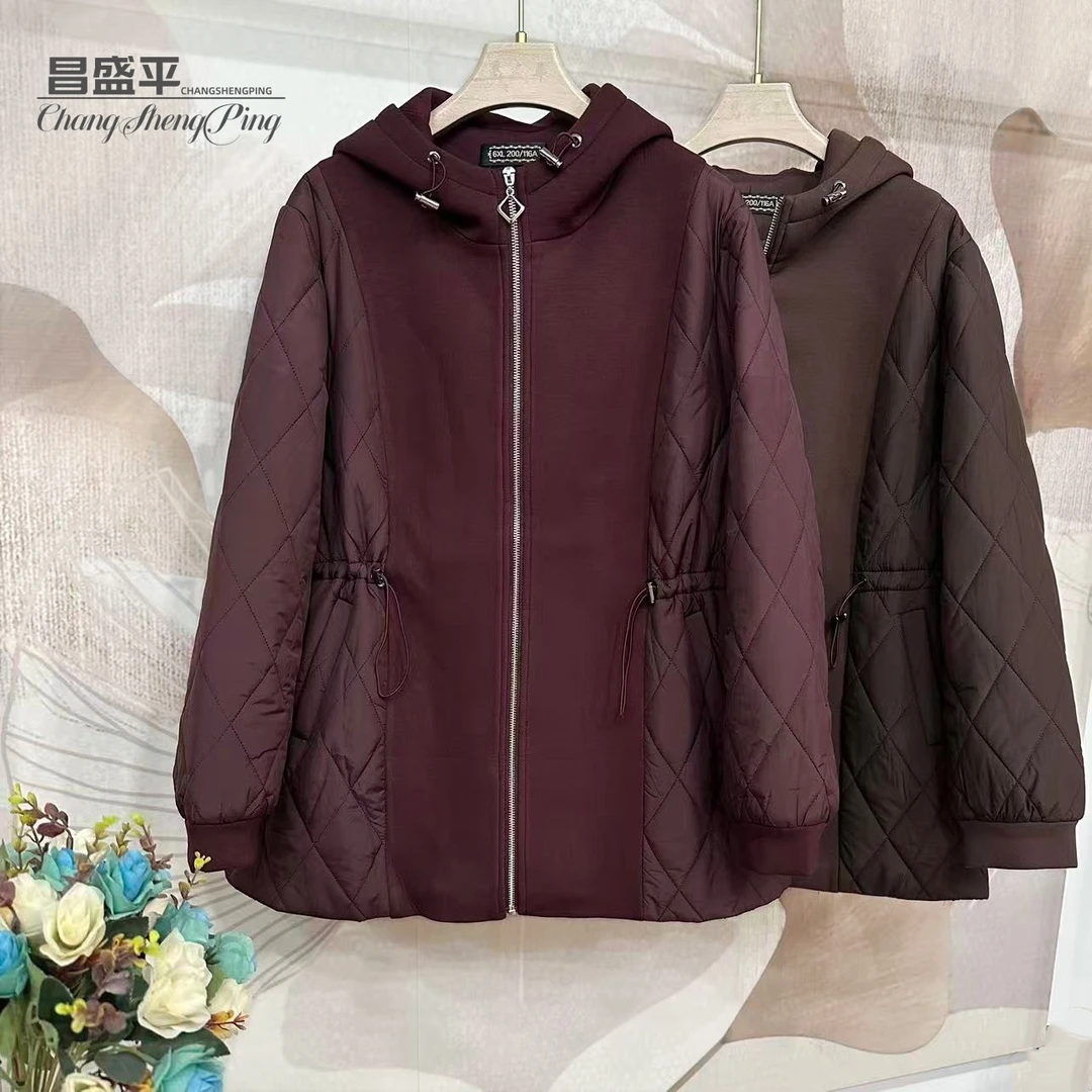 L【冬季新款收腰显瘦棉服】大码女士连帽抽绳保暖外套中年妈妈装