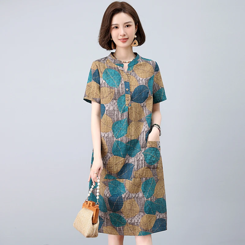 中年妈妈装休闲印花短袖连衣裙女2025年夏季新款时尚高级感裙子女