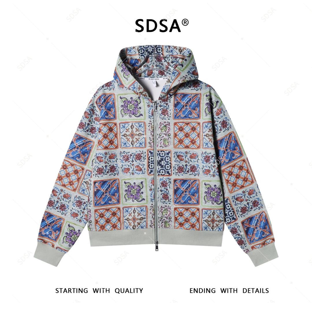SDSA男士2025新款轻奢痞帅男装撞色花卉图案拉链连帽卫衣外套复古