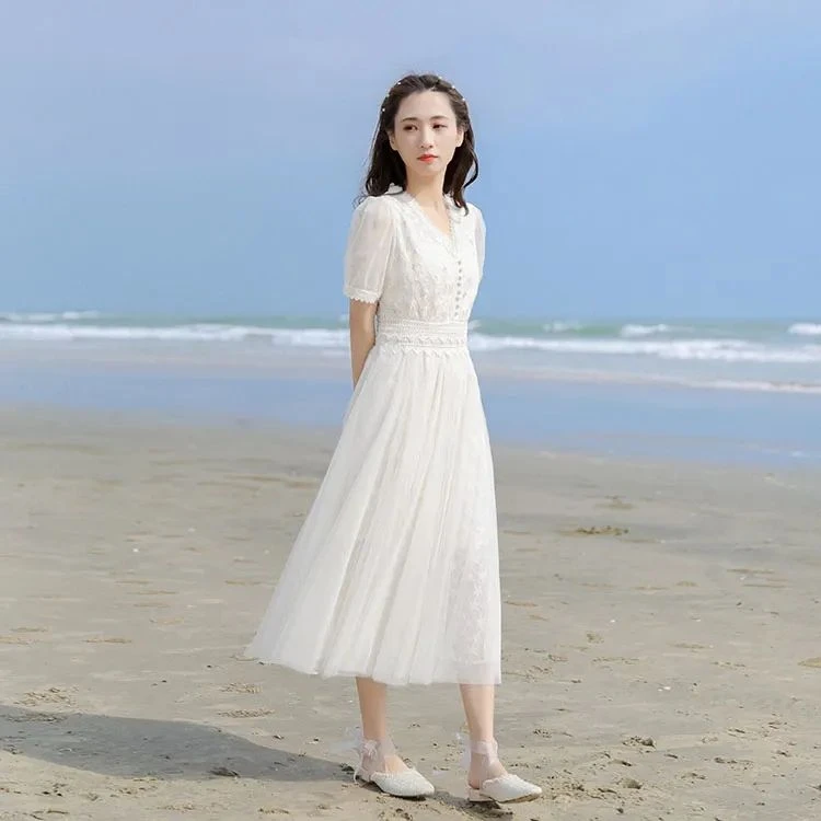 仙女裙2025新款大码收腰显瘦温柔风V领气质蕾丝网纱连衣裙夏超仙